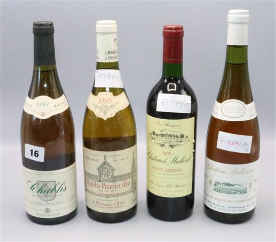 Bottle 1986 Chateau Malleret, Bottle 1989 Chablis, Bottle 1991 Chablis and Bottle 1990 Chateau Bellerive(-)